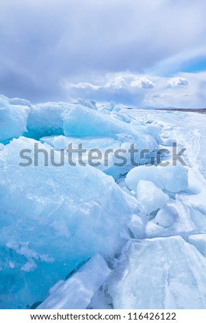 outdoor view of ice blocks at frozen baikal lake in winter