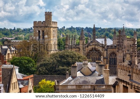 The Warden and Scholars of St Mary\'s College of Winchester. New college chapel and bell tower with the oldest rings of bells, as seen from the cupola of Sheldonian Theatre. Oxford University. England