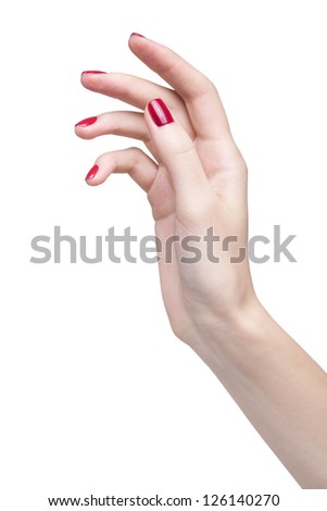 hands with woman's professional red nails manicure isolated on white