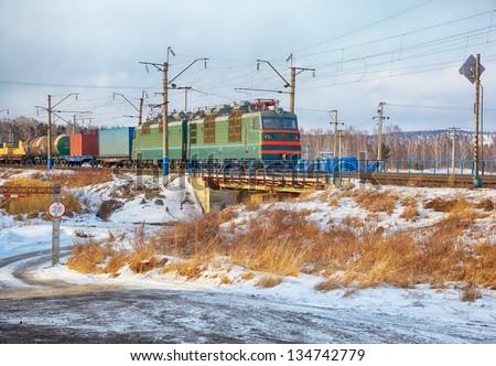 Locomotive on Trans-Siberian Railway  in winter Siberia