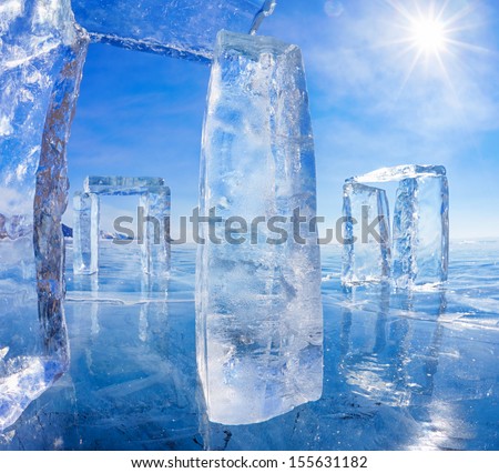 Icehange - stonehenge made from ice on lake Baikal in Sineria under winter Sun