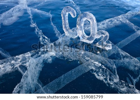 Chemical formula of greenhouse gas carbon dioxide CO2 made from ice on winter frozen lake Baikal