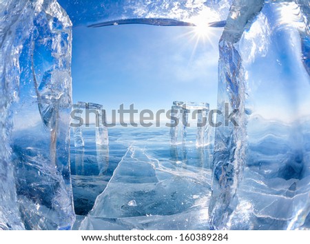 Icehange - stonehenge made from ice on lake Baikal in Sineria under winter Sun