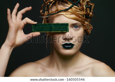 portrait of beautiful young woman hiding on eye with ddr ram memory