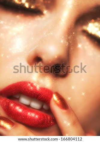 Soft focus portrait of beautiful young woman with shining face makeup