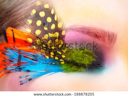 Woman with bright stylish make-up and false fashion feather eyelashes