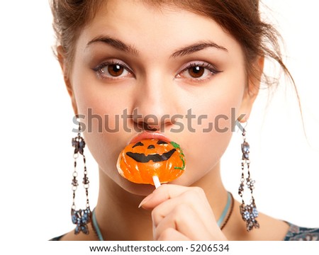 stock photo Portrait of pretty girl sucking the sugar pumpkin sucking girl