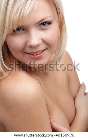 stock photo portrait of beautiful topless blonde girl with hands on chest