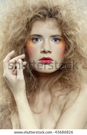 close-up portrait of caucasian girl with girl with shock hair-do