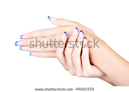 Hands with woman's professional blue french nails manicure isolated on white