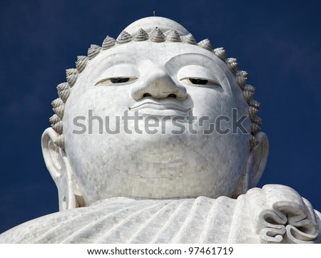 The marble statue of Big Buddha in Phuket, view from below