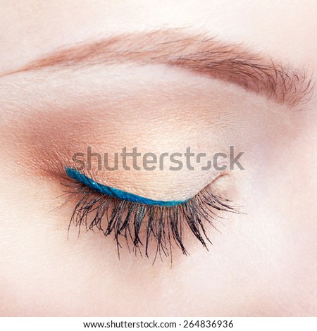 Closeup shot of woman closed eye and brows with day makeup and blue arrow