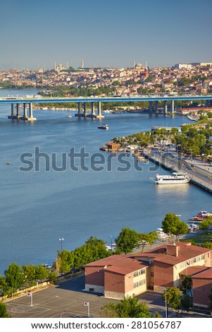 The view from the viewpoint on the Hill of Pierre Loti in the district of Eyup to the Golden Horn with Halic Bridge, Istanbul, Turkey