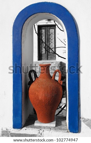 Santorini with Traditional Greek Vase in the window, Greece