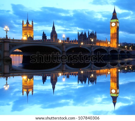 Famous Big Ben in the evening with bridge,  London, England
