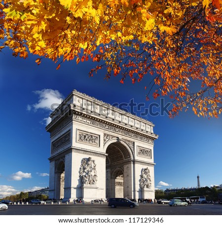 Famous Arc De Triomphe In Autumn, Paris, France