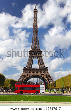 Paris, Eiffel tower with red bus, France