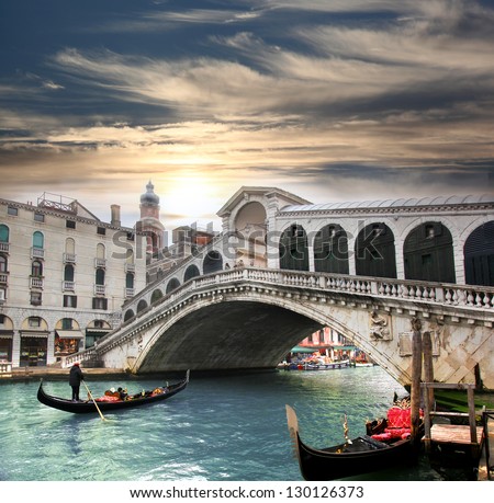 Venice,  Rialto bridge and with gondola on Grand Canal, Italy