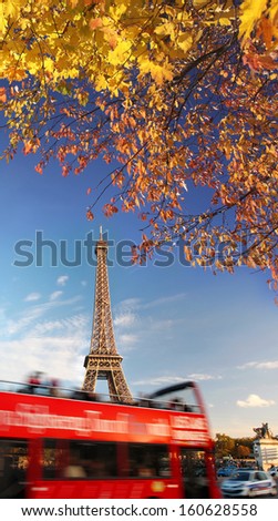 Paris, Eiffel tower with red bus