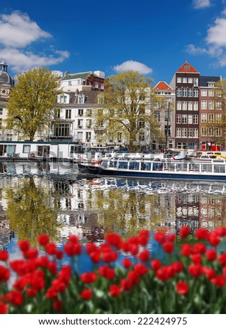 Amsterdam city with boats on canal against red tulips in Holland