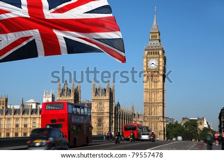 Big Ben with double decker, London, UK