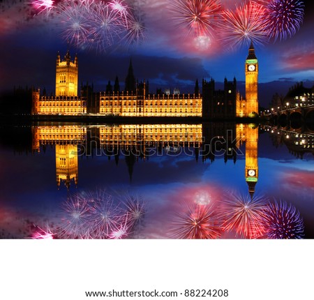 Big Ben with firework, celebration of The New Year in London, UK