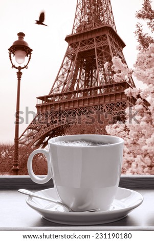 Eiffel Tower with cup of coffee in art style, Paris, France