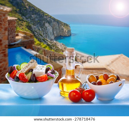 Famous Lefkada island with Greek salad in Greece