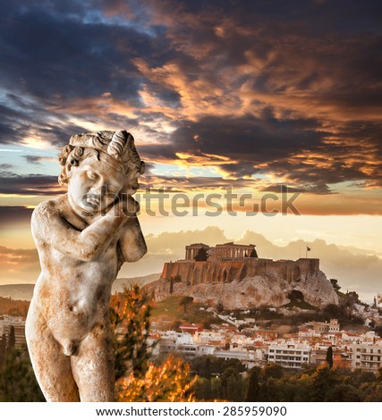 Acropolis with sculpture and Parthenon temple in Athens,  Greece