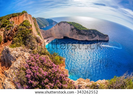 Navagio beach with shipwreck and flowers on Zakynthos island in Greece