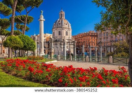 Rome with Santa Maria di Loreto church against Trajan column in Italy