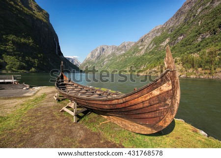 Old viking boat in Gudvangen village near Flam, Norway