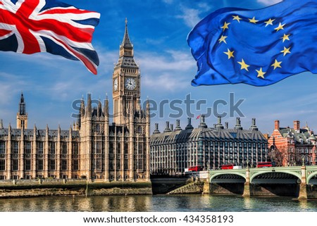 European Union and British Union flag flying against Big Ben in London, England, UK