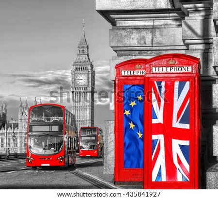 European Union and British Union flag on phone booths against Big Ben in London, England, UK, Stay or leave, Brexit