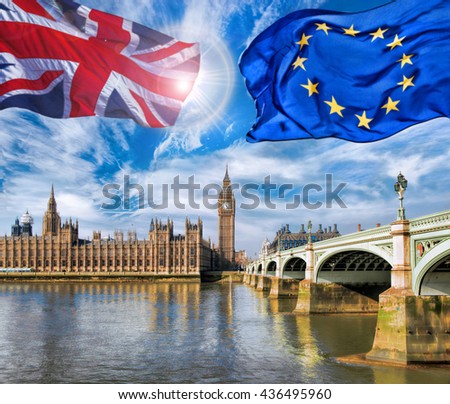European Union and British Union flag flying against Big Ben in London, England, UK, Stay or leave, Brexit