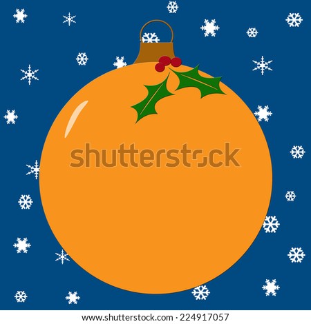 Round, gold Christmas ornament on blue background with white snowflakes. Holly and berries added decoration.