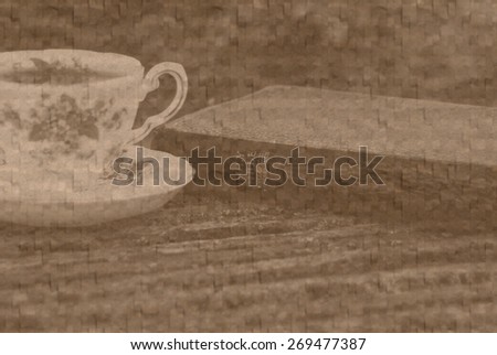 Sepia and textured image of a cup of tea and a Bible. Old fashioned, vintage look.