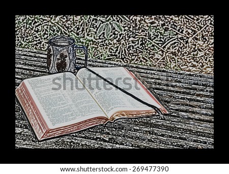 Artistic filter over an image of a Bible and a coffee cup on a slatted, wooden bench outside. Black border surrounds illustration.