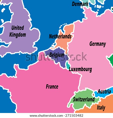 Political map of Northern Europe and Great Briton in pastel colors with white borders and blue ocean.