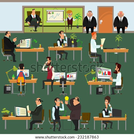 Happy business people working on office. people working in the office each in their workplace. Corporation. vector illustration.