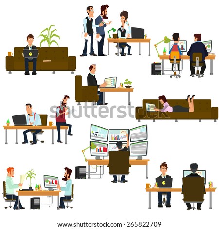 Vector business people in flat style. isolated icon of people working on the computer. people work in different places.