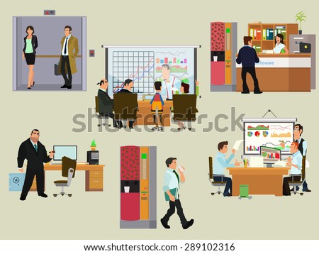 Vector business people in flat style. isolated icon of people working on the computer. people work in different places.