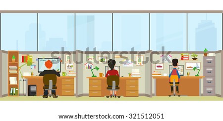 Office interior. workers sitting at desks and work on the computer. Vector illustration in a flat style.