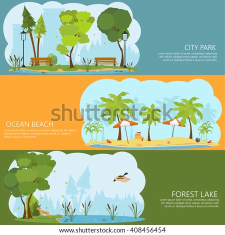 horizontal banners on the theme of landscapes of nature. Forest Lake. ocean shore. City Park. shore of a tropical island. swamp forest. vector. city park with benches. Green Park Holiday.