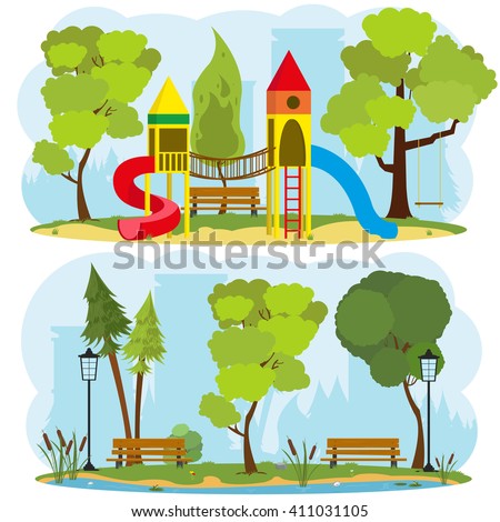 children\'s playground in a city park. isolated images on the theme of outdoor recreation. vector. a children\'s playground in the park.
