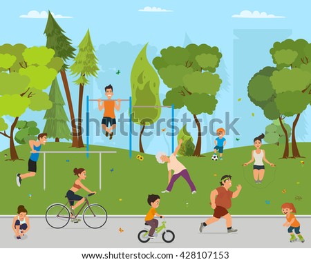 children and adults involved in sports outdoors.vector. people engaged in outdoor sports. women engaged in outdoor sports. men do outdoor sports. active sports in a city park on the playground.