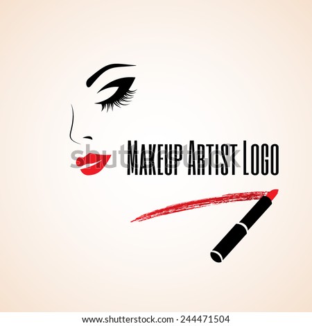 Abstract woman face with closed eye. Trace of lipstick. Makeup artist logo. Vector illustration.