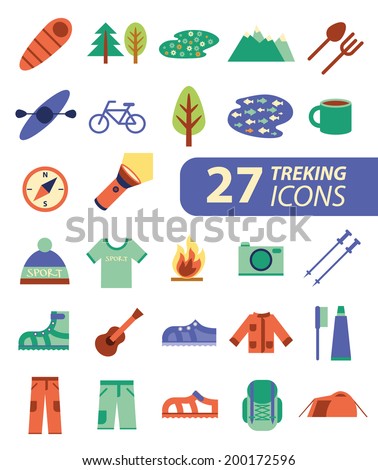 Set of flat colorful hiking trekking and camping icons Outdoor activity symbols drawn in vector Tent sleeping bag fire mountain forest Set of flat colorful hiking trekking and camping icons Outdoor activity symbols drawn in vector Tent sleeping bag fire mountain forest