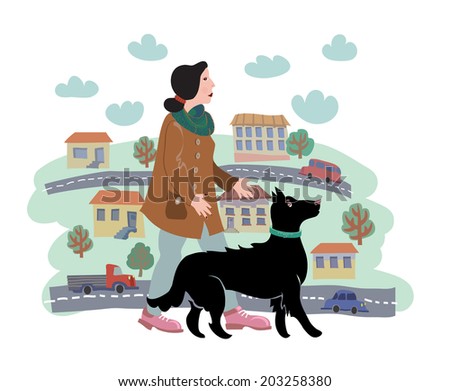 Girl in Coat Walks with Black Dog on City Background. Hand Drawn Illustration