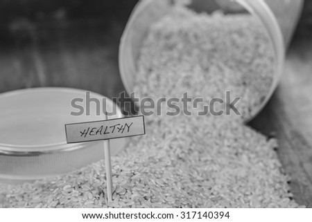 Product shots (black and white): Brown rice, natural, organic and natural food images with signs.